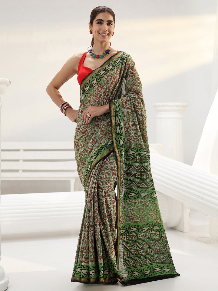 Green Floral Bagru Print Cotton Saree