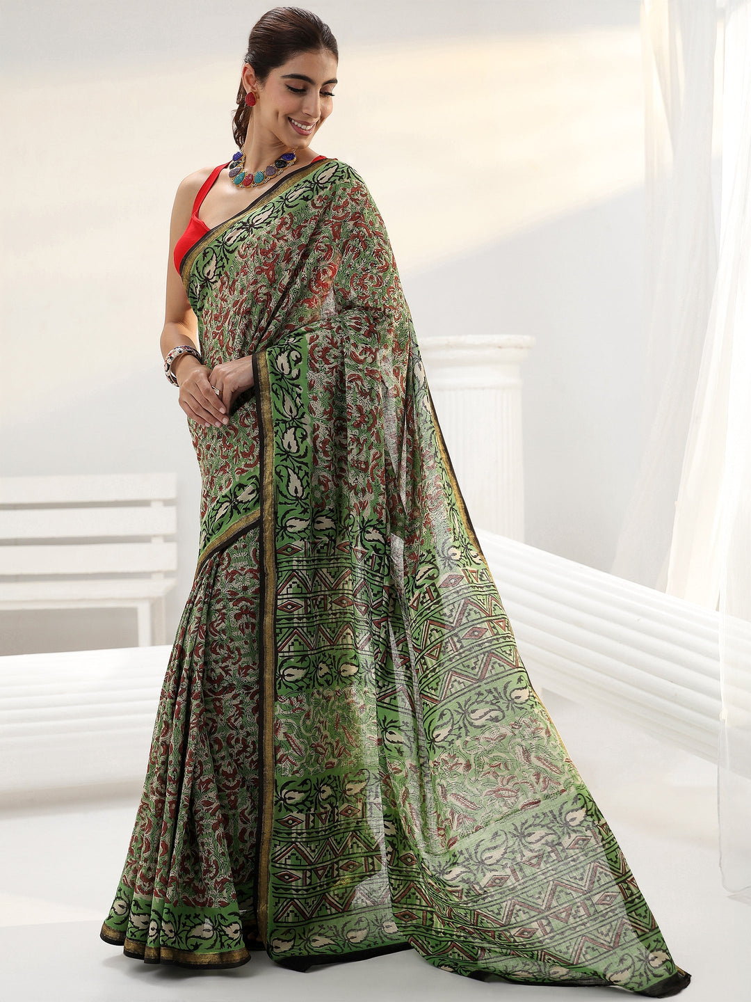 Green Floral Bagru Print Cotton Saree