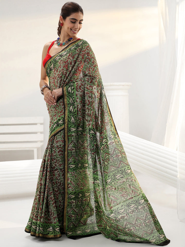 Green Floral Bagru Print Cotton Saree