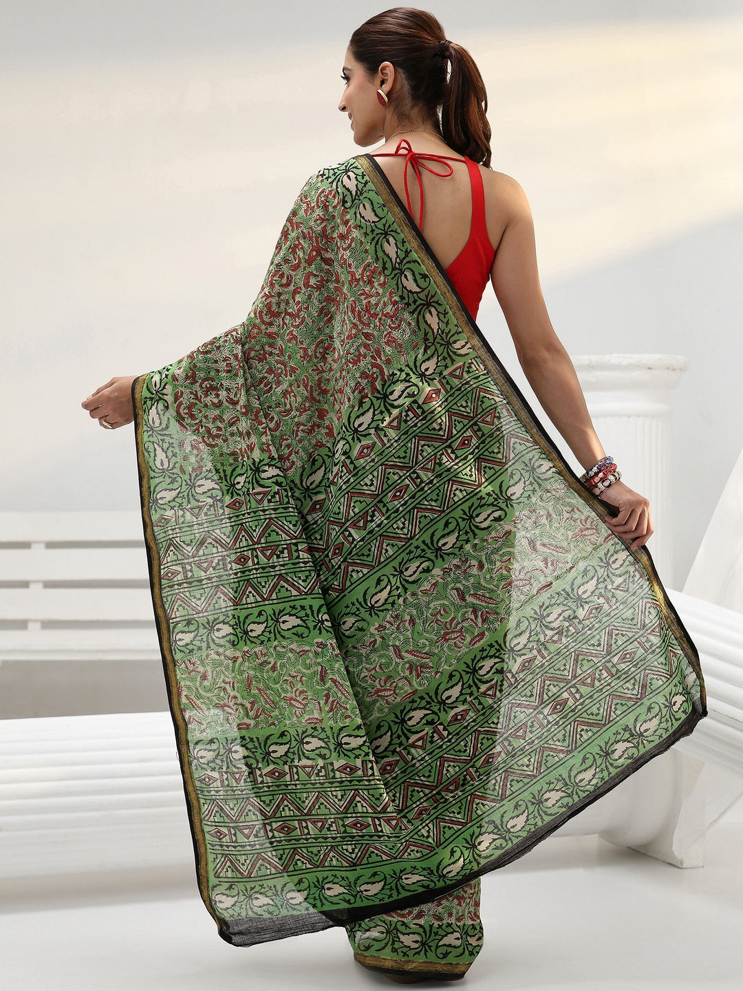 Green Floral Bagru Print Cotton Saree