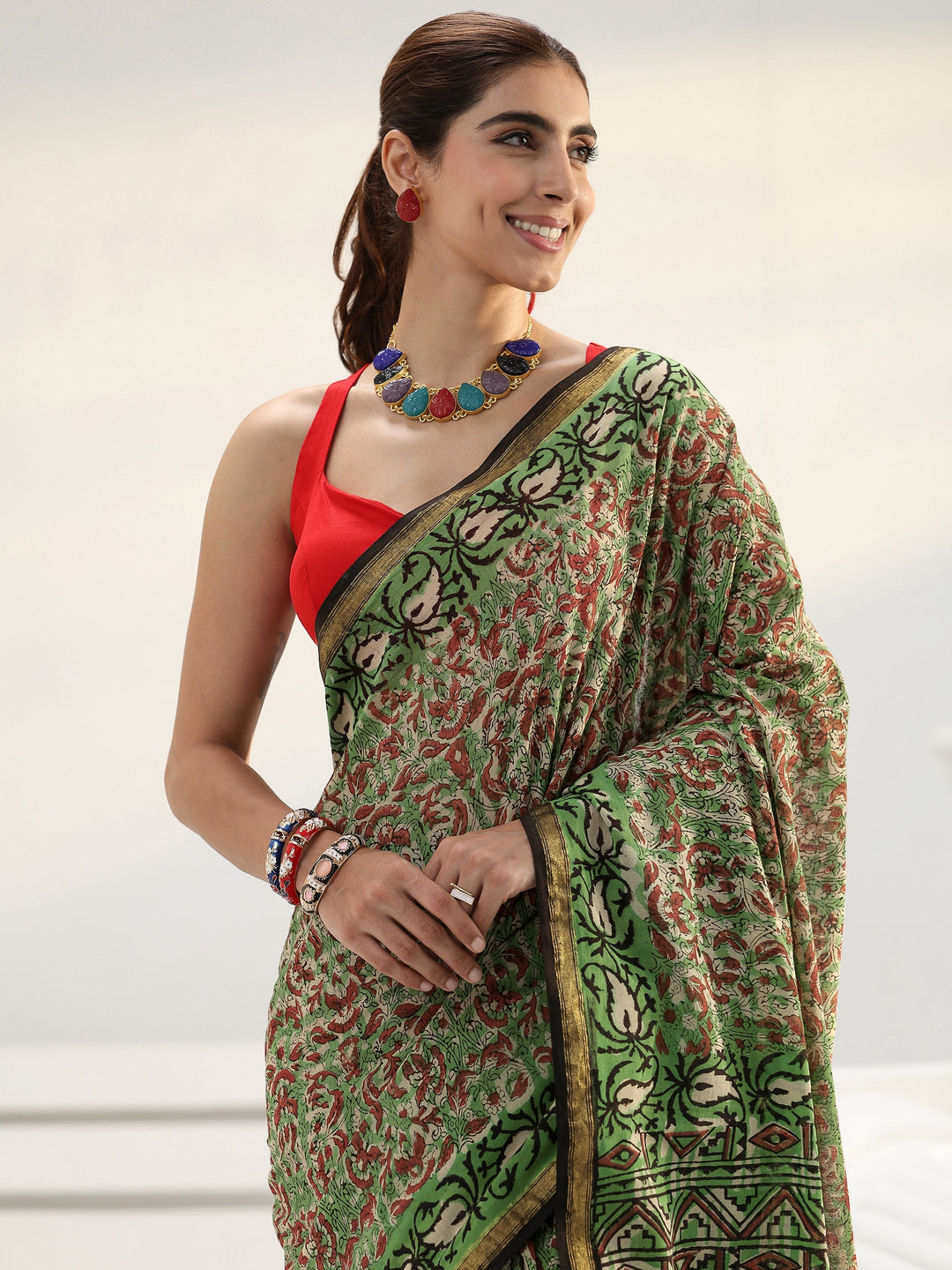Green Floral Bagru Print Cotton Saree