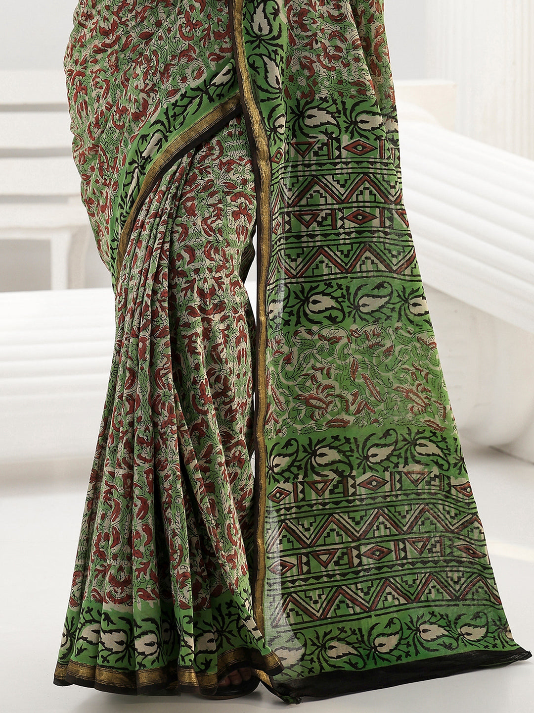 Green Floral Bagru Print Cotton Saree