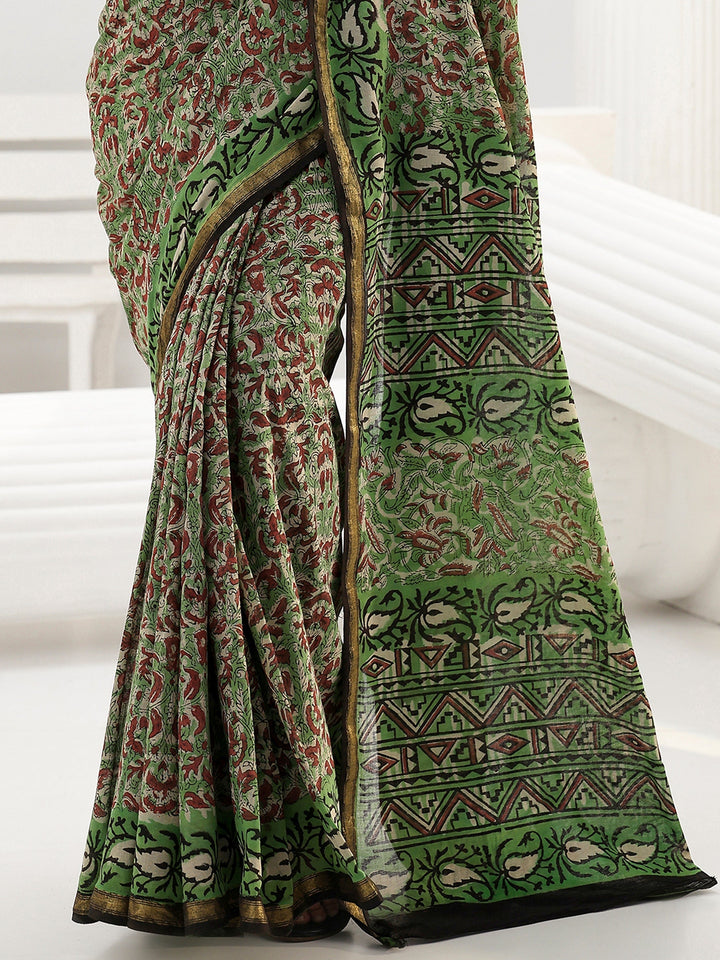 Green Floral Bagru Print Cotton Saree
