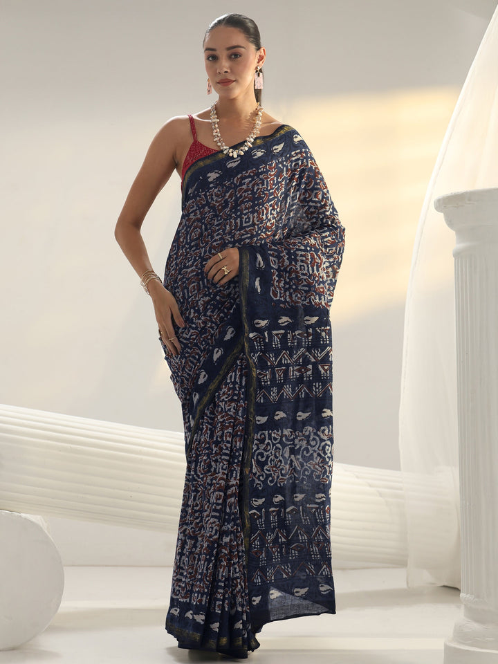 Blue Dabu Print Cotton Saree
