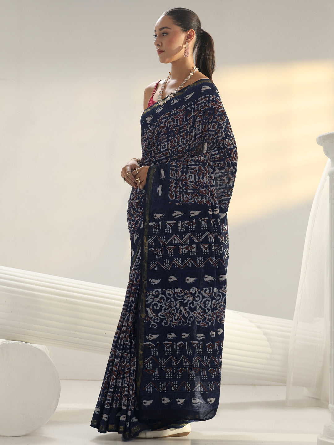 Blue Dabu Print Cotton Saree