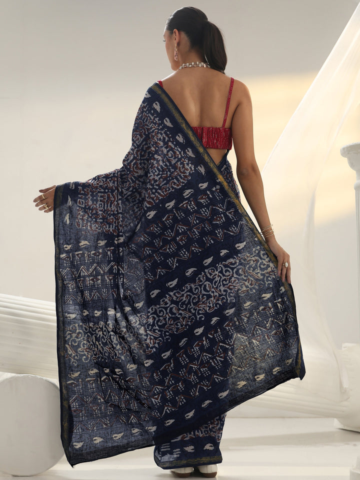 Blue Dabu Print Cotton Saree