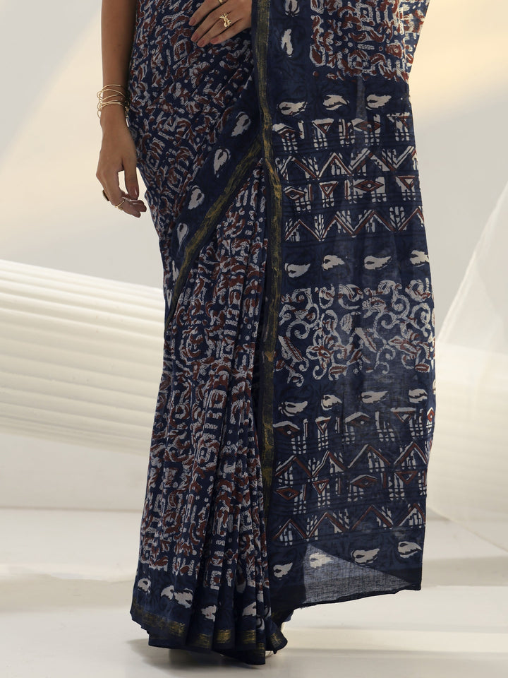 Blue Dabu Print Cotton Saree