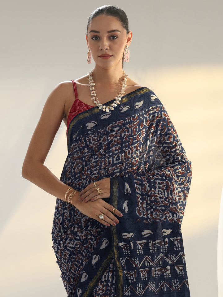 Blue Dabu Print Cotton Saree