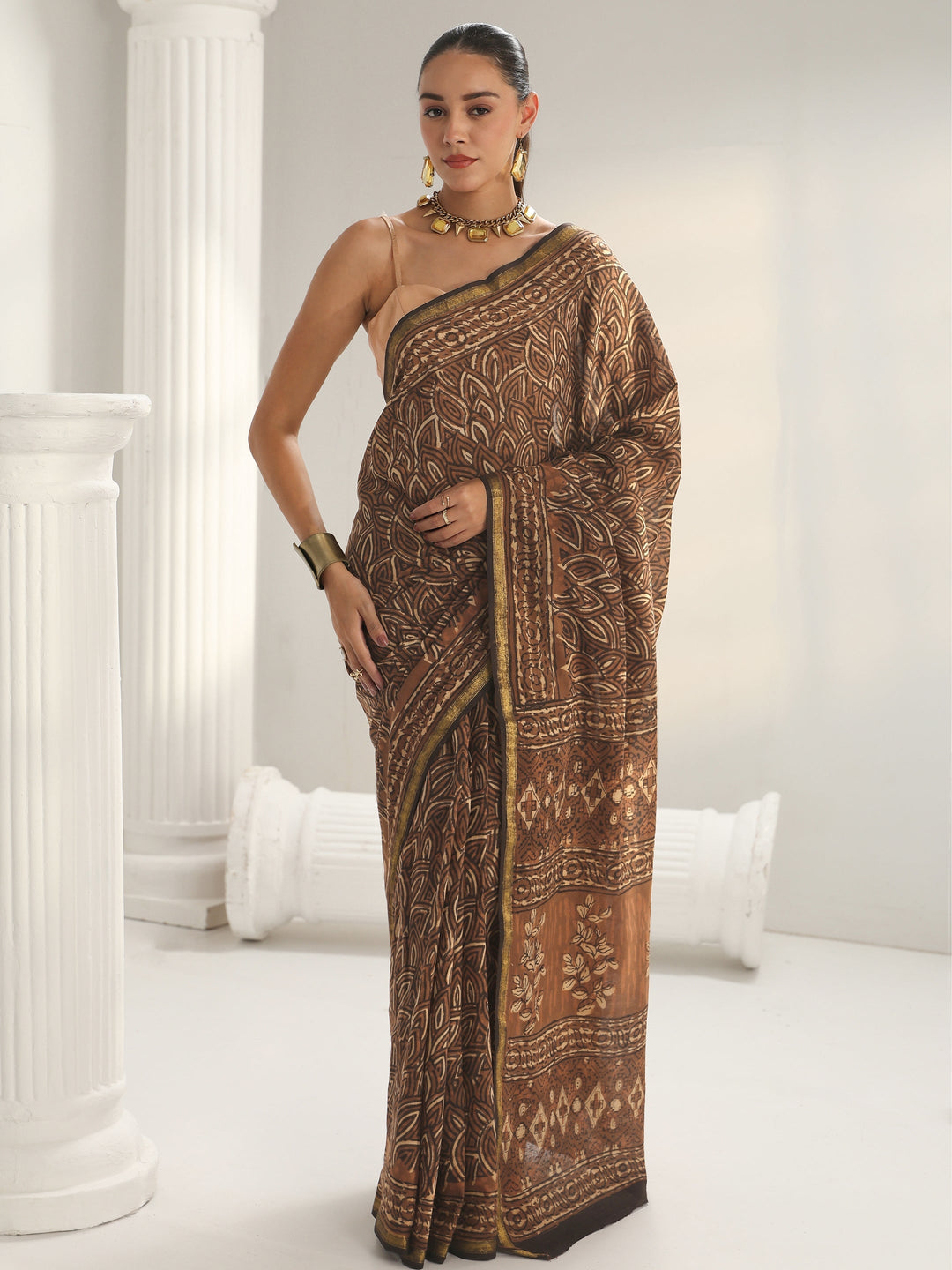 Brown Floral Printed Cotton Saree