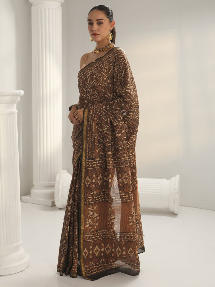 Brown Floral Printed Cotton Saree