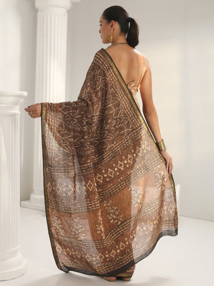 Brown Floral Printed Cotton Saree