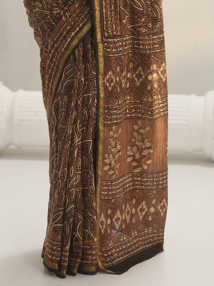 Brown Floral Printed Cotton Saree