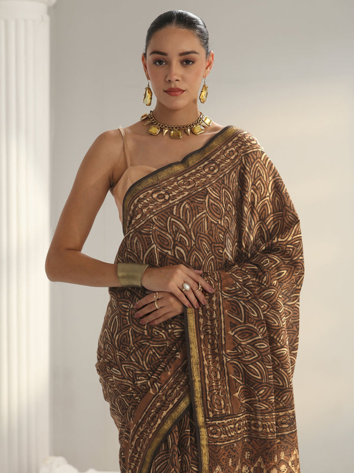 Brown Floral Printed Cotton Saree