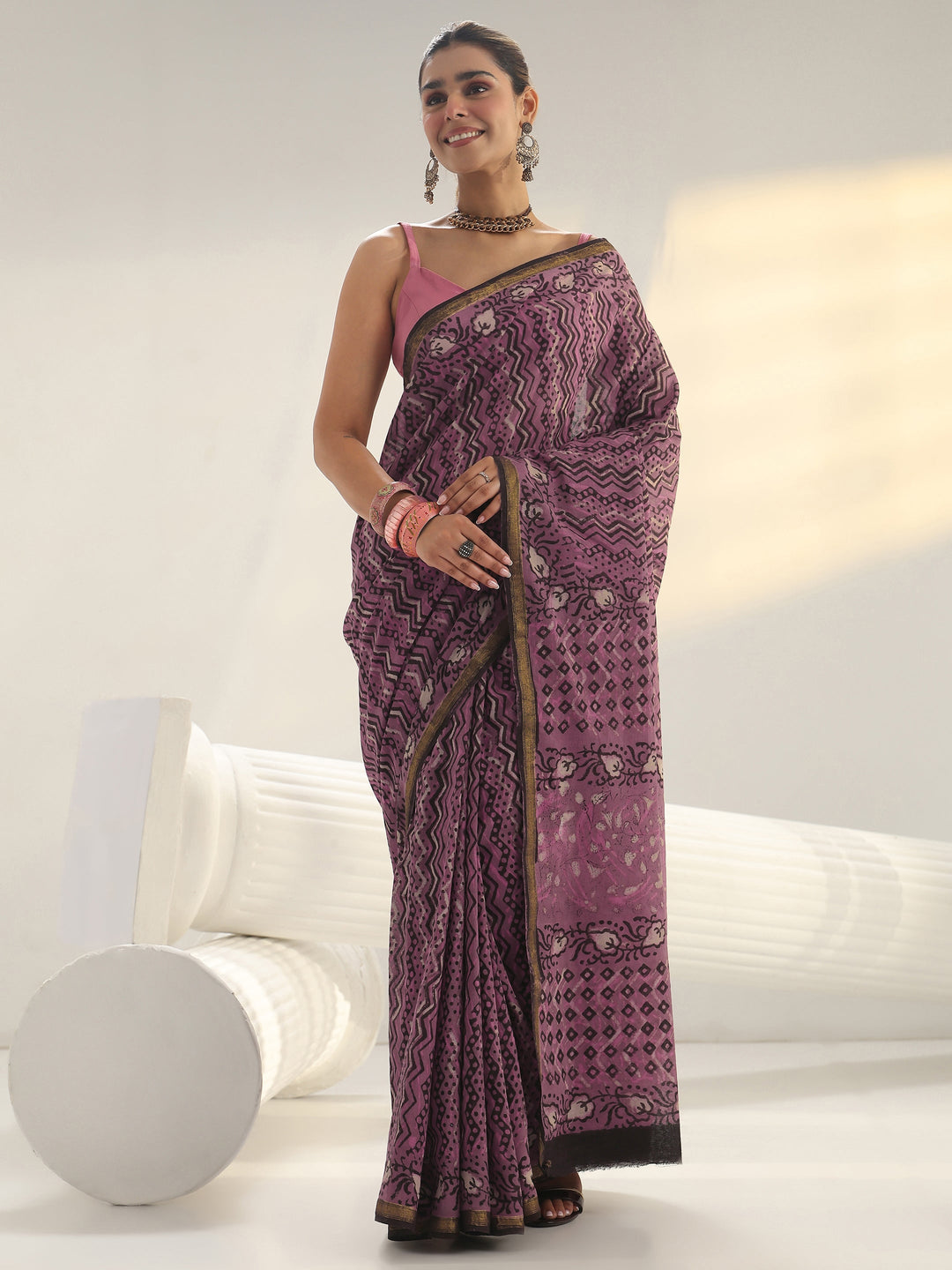 Pink Chevron Printed Cotton Saree