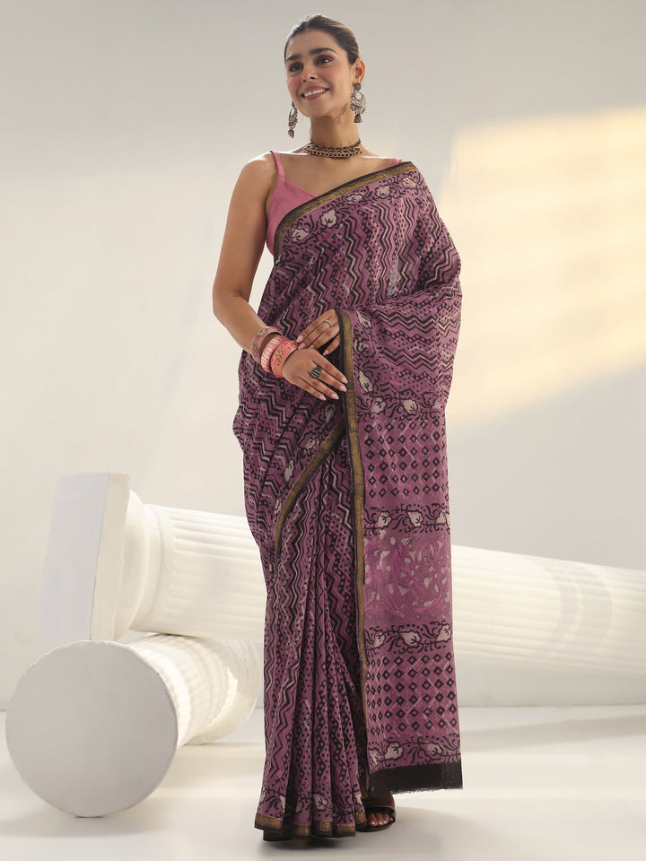 Pink Chevron Printed Cotton Saree