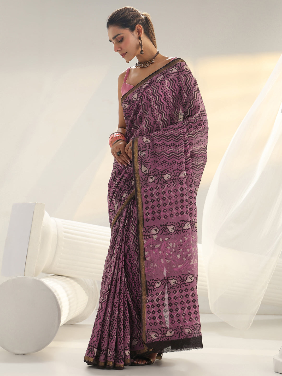 Pink Chevron Printed Cotton Saree