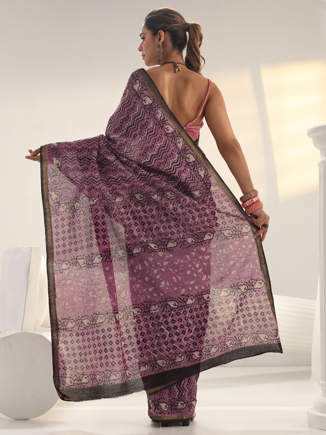 Pink Chevron Printed Cotton Saree