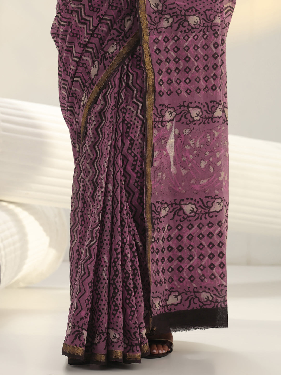 Pink Chevron Printed Cotton Saree