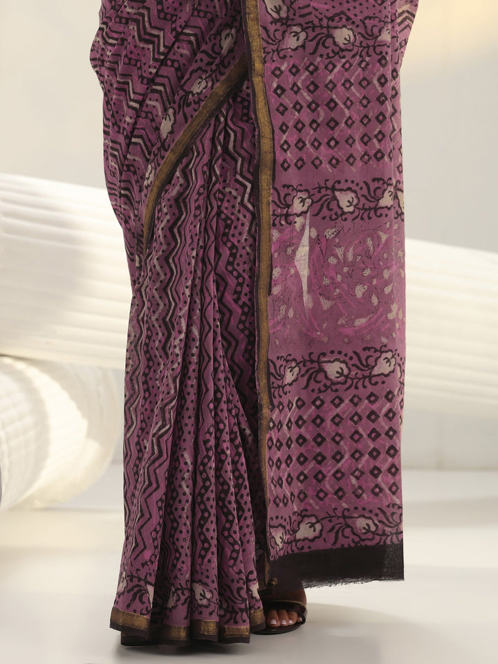 Pink Chevron Printed Cotton Saree