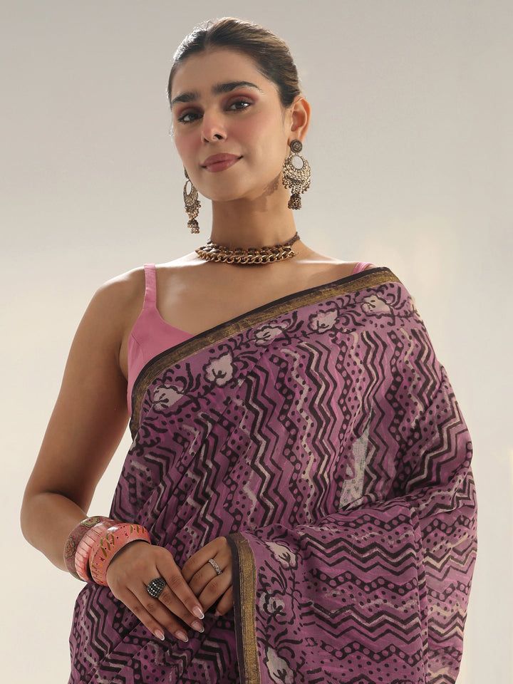 Pink Chevron Printed Cotton Saree