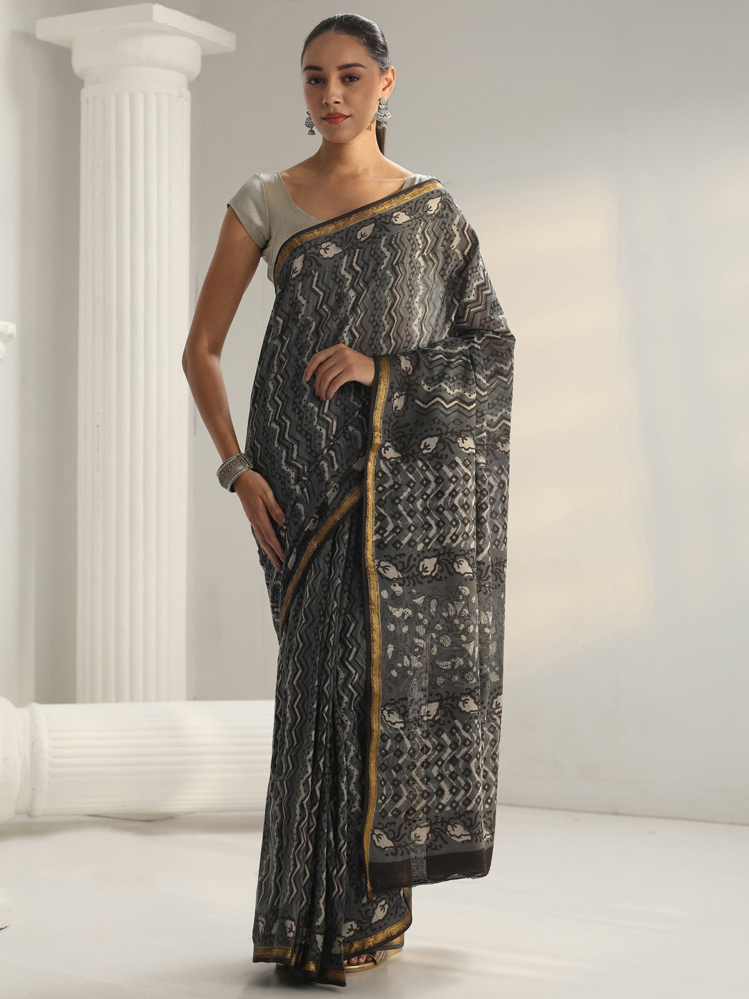 Grey Chevron Printed Cotton Saree