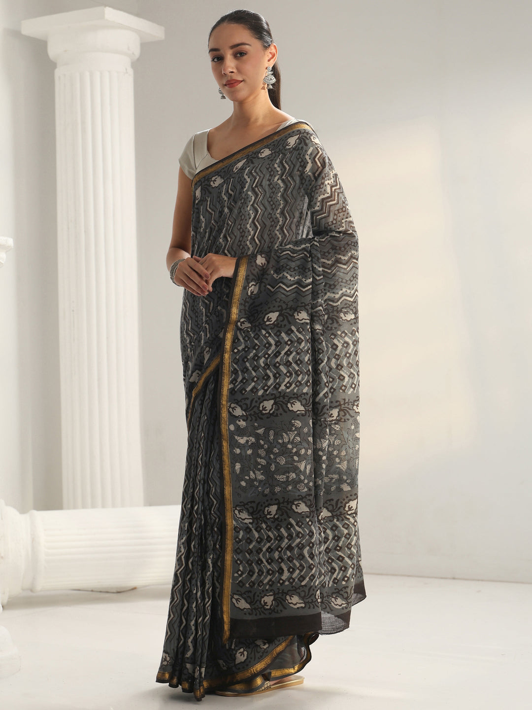 Grey Chevron Printed Cotton Saree
