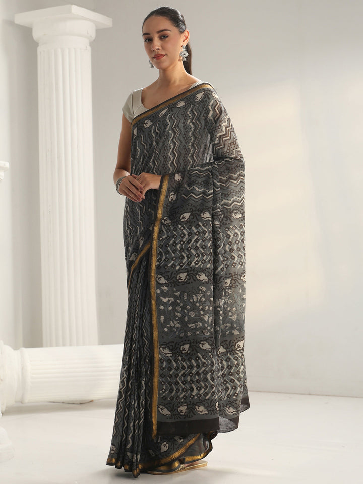 Grey Chevron Printed Cotton Saree