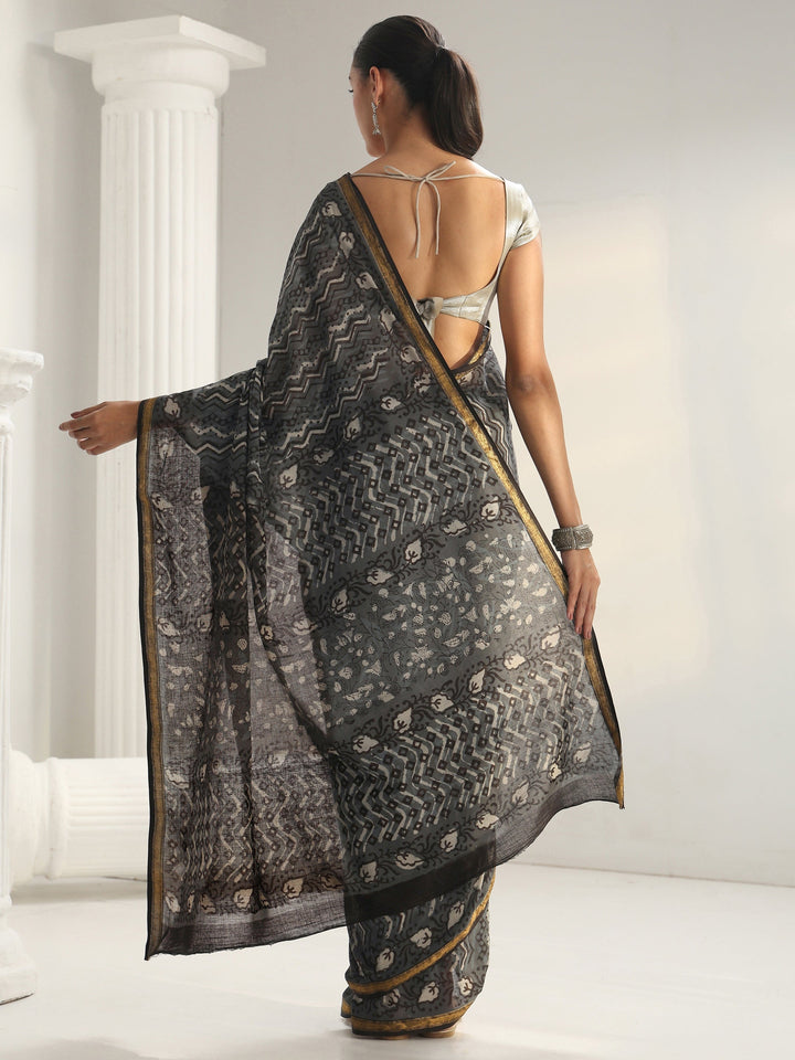 Grey Chevron Printed Cotton Saree