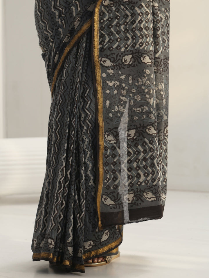 Grey Chevron Printed Cotton Saree