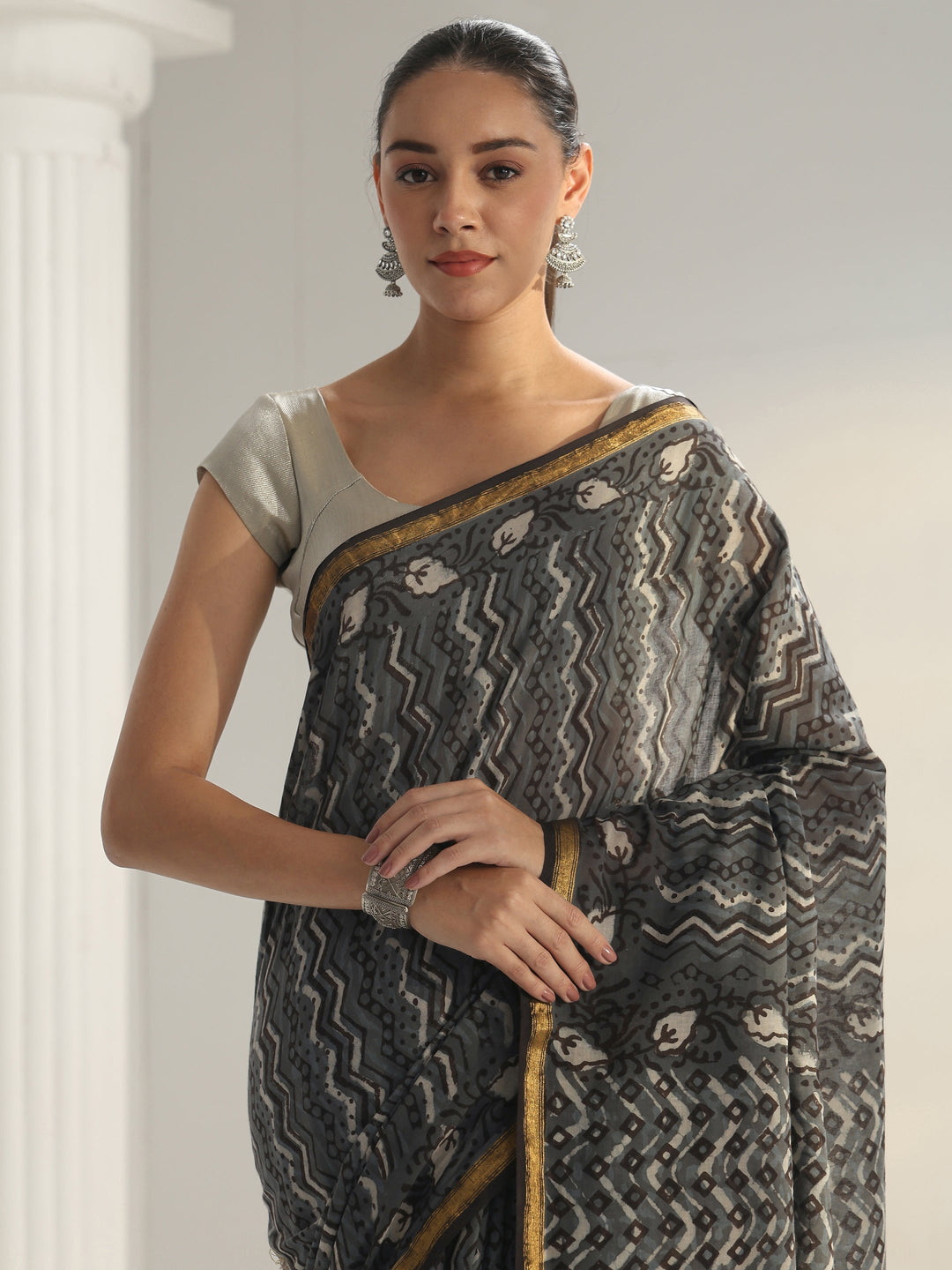 Grey Chevron Printed Cotton Saree