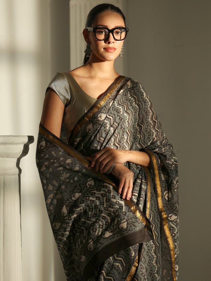 Grey Chevron Printed Cotton Saree