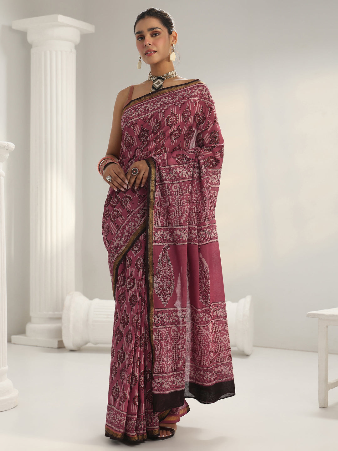 Pink Dabu Print Cotton Saree