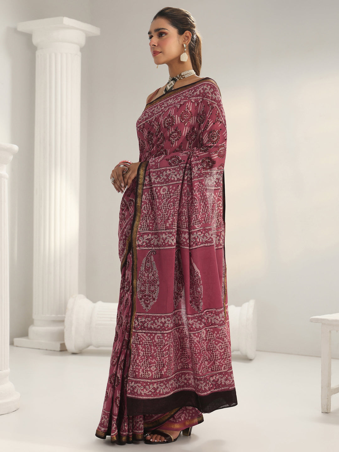 Pink Dabu Print Cotton Saree