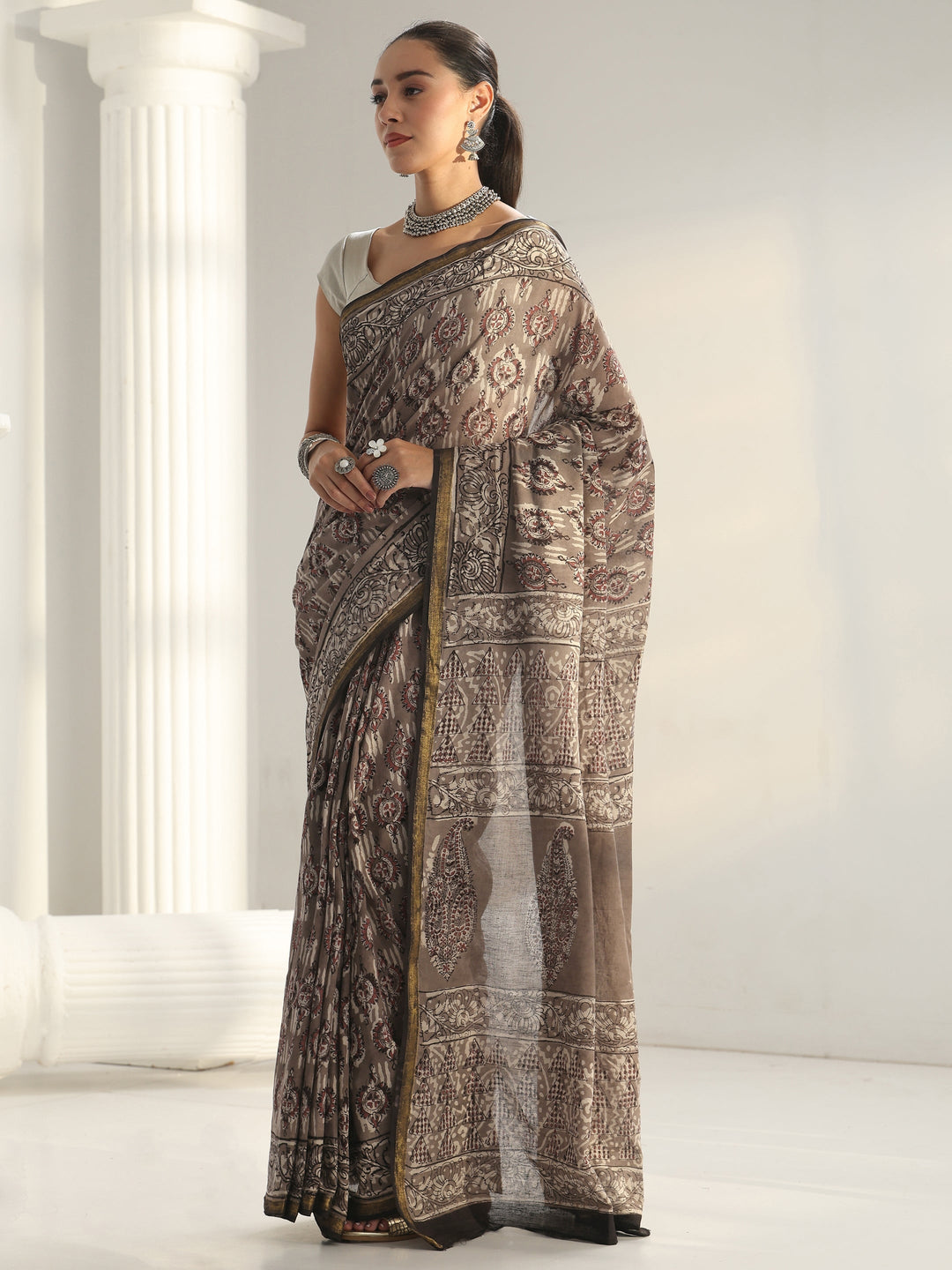 Grey Dabu Print Cotton Saree