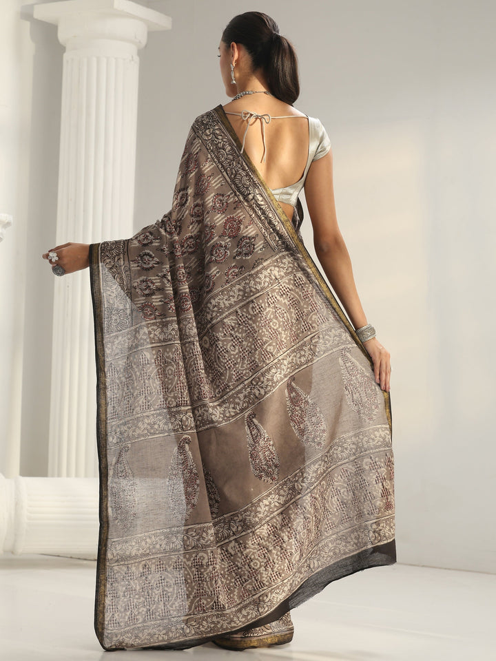 Grey Dabu Print Cotton Saree