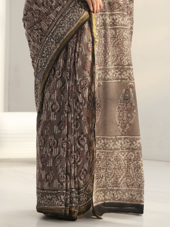 Grey Dabu Print Cotton Saree