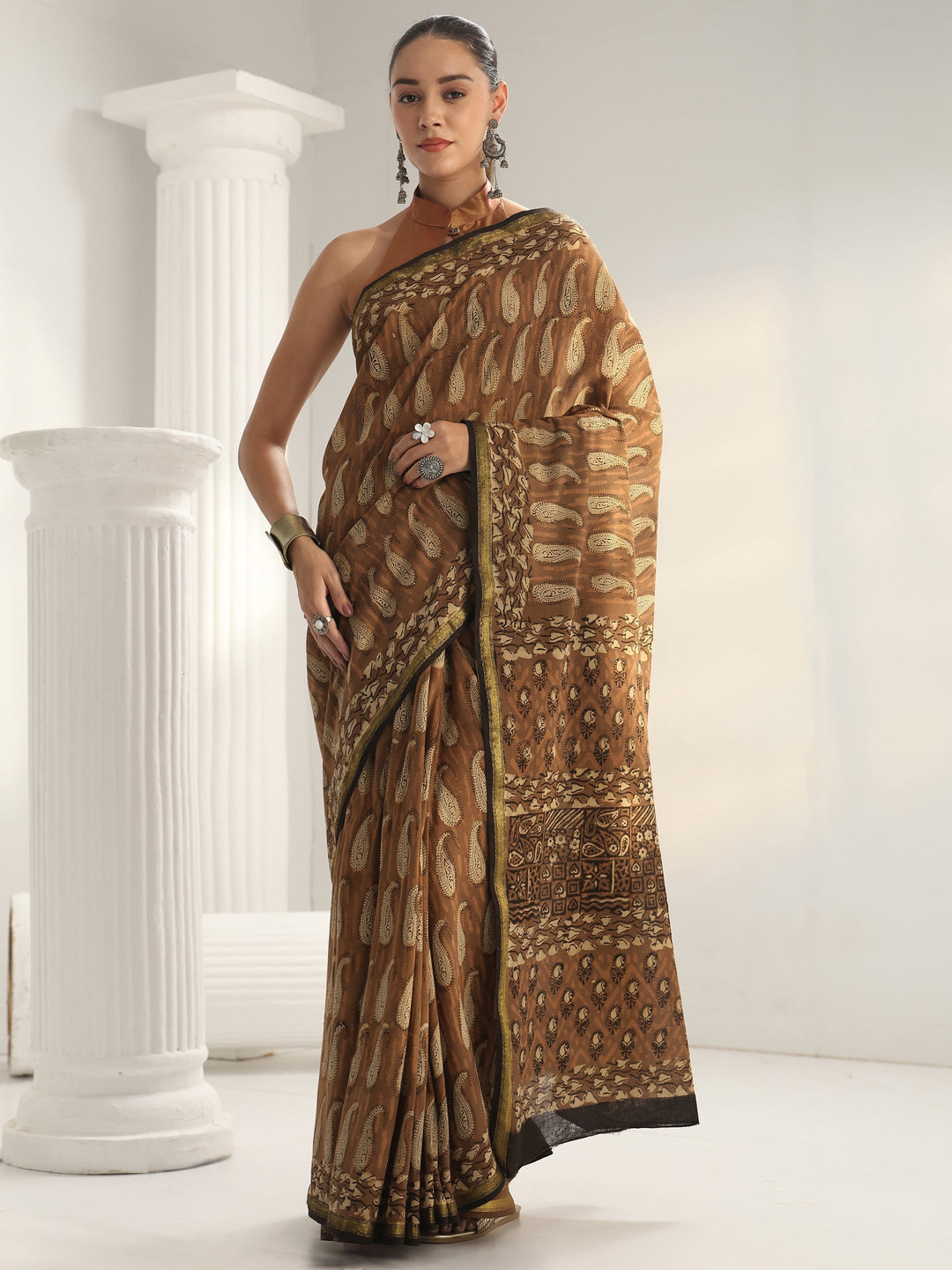 Brown Paisley Printed Cotton Saree