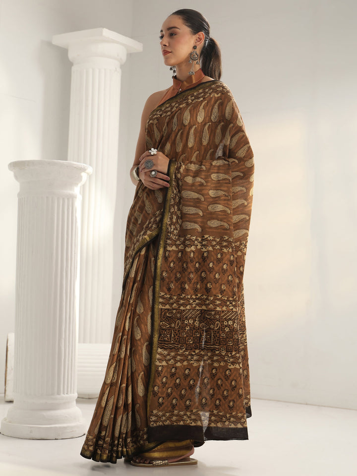Brown Paisley Printed Cotton Saree