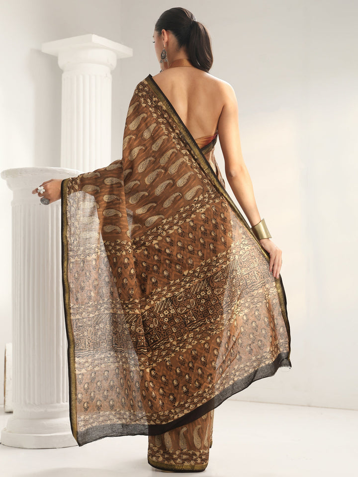 Brown Paisley Printed Cotton Saree