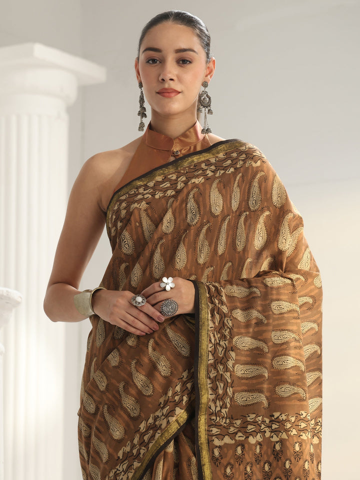 Brown Paisley Printed Cotton Saree