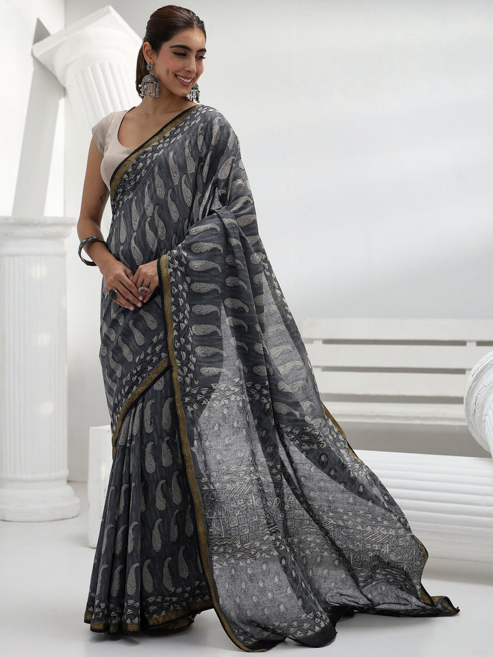 Grey Paisley Dabu Print Cotton Saree