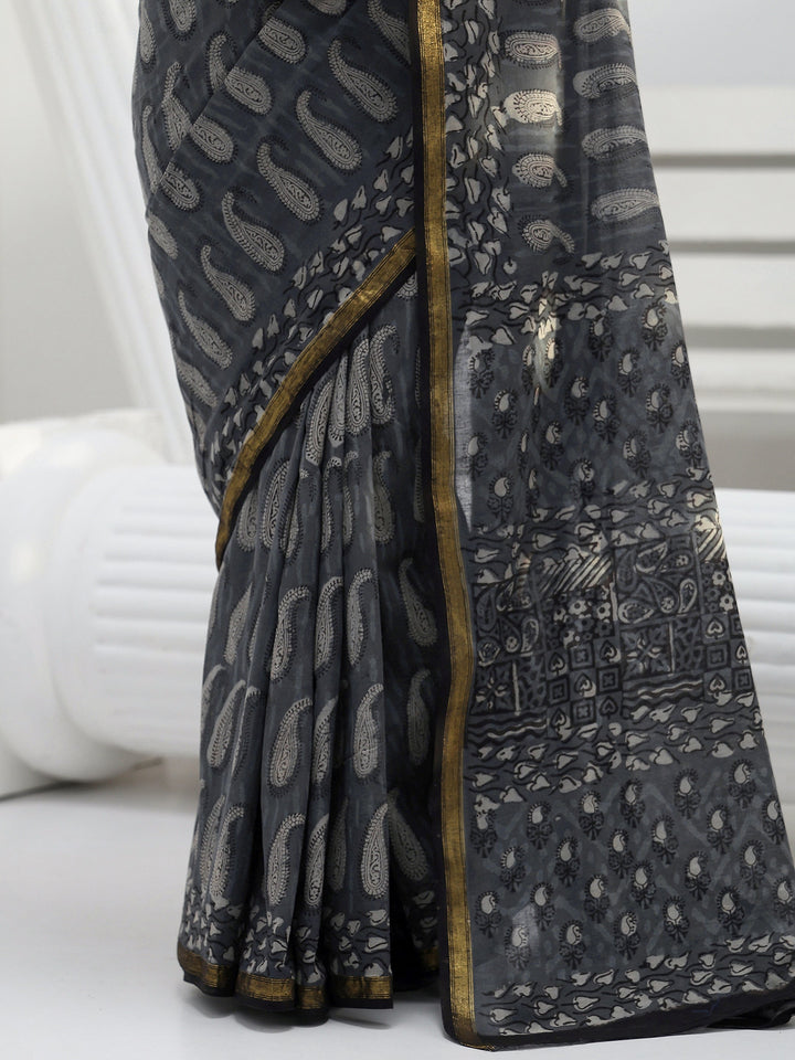 Grey Paisley Dabu Print Cotton Saree