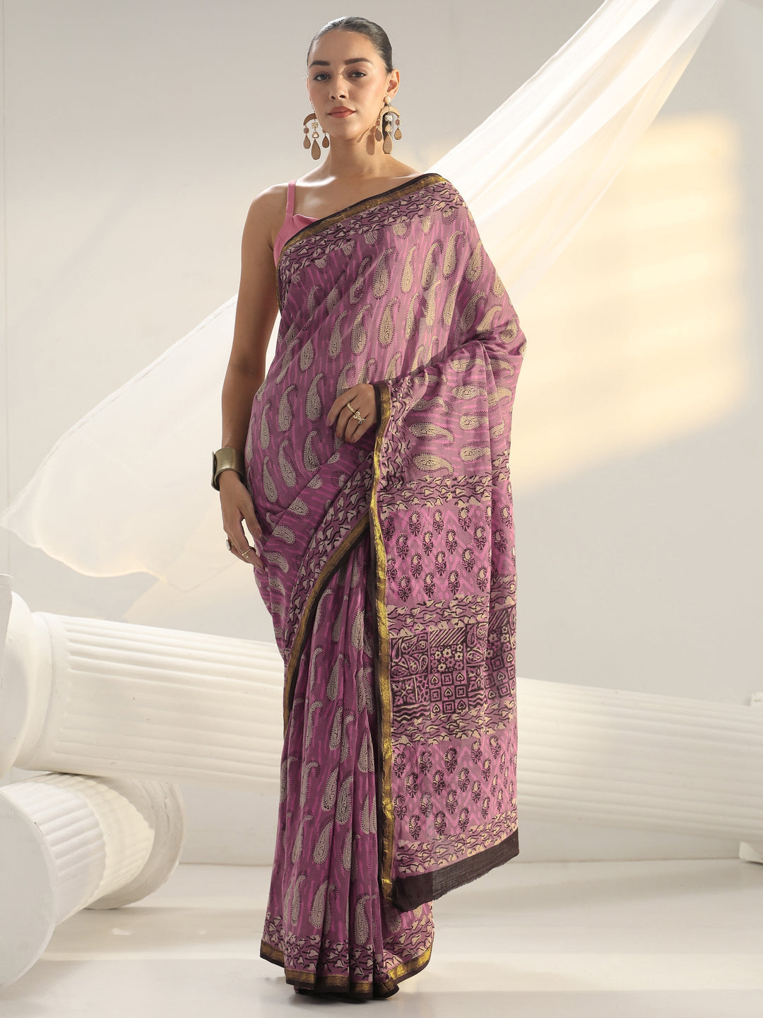 Pink Paisley Printed Cotton Saree