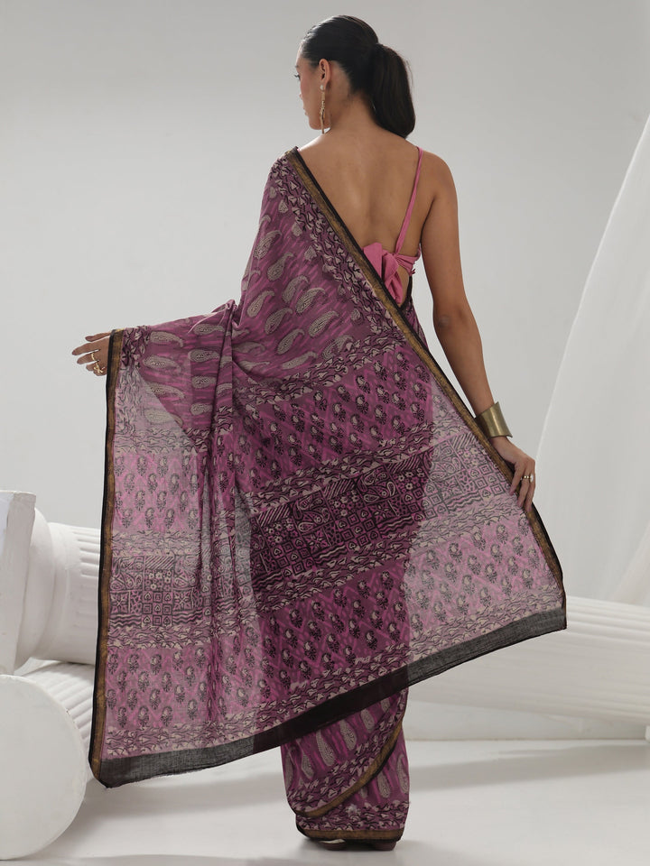Pink Paisley Printed Cotton Saree