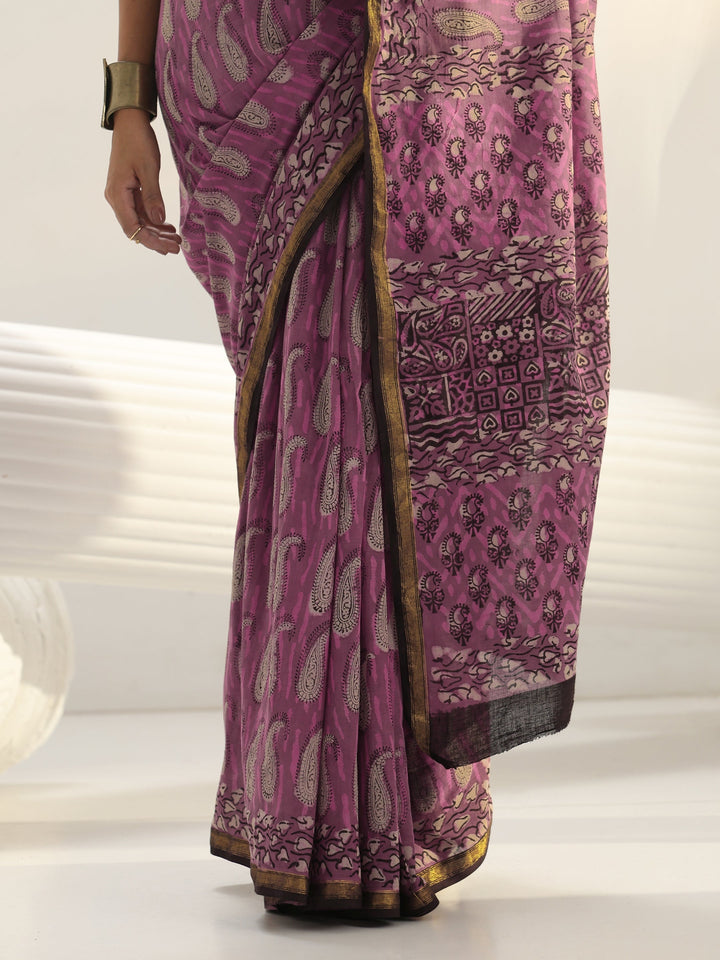 Pink Paisley Printed Cotton Saree
