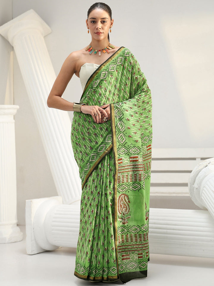 Kelly Green Floral Bagru Print Cotton Saree