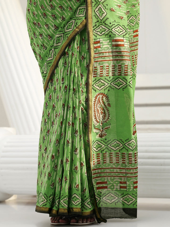 Kelly Green Floral Bagru Print Cotton Saree