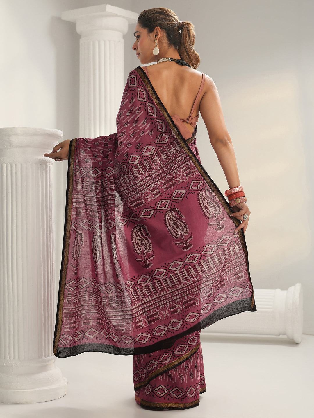 Pink Dabu Print Cotton Saree
