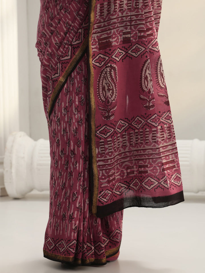 Pink Dabu Print Cotton Saree