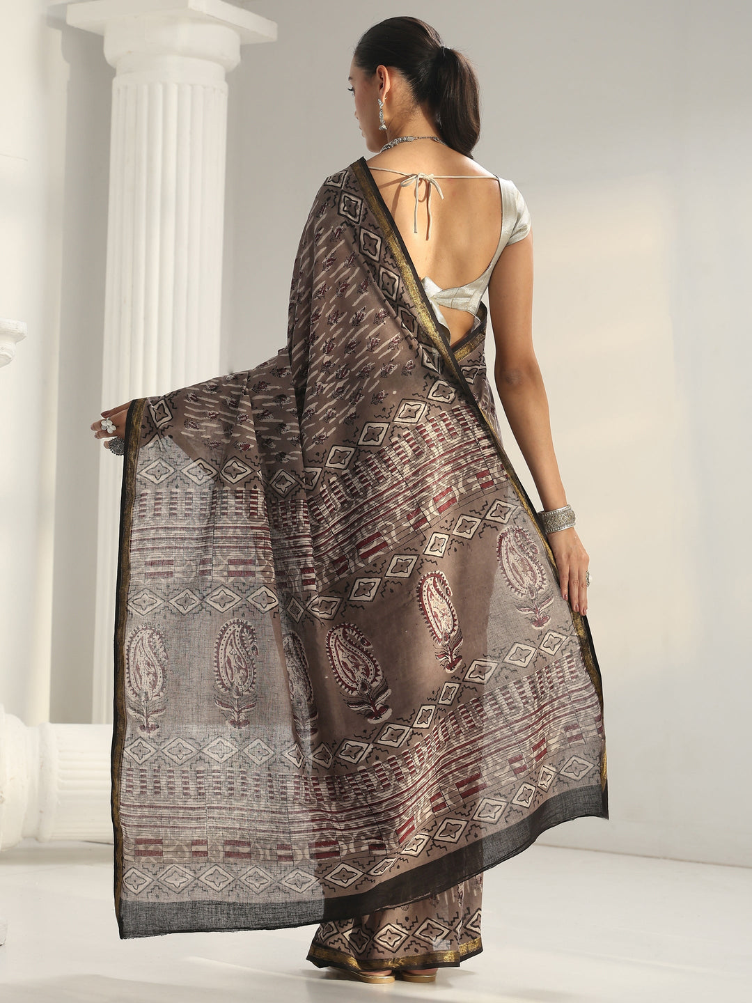 Grey Dabu Print Cotton Saree